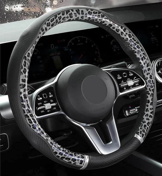 Peach Wood Grain Steering Wheel Cover Anti-Slip Breathable Durable Leather Four Seasons Universal 15 Inch Car Wrap Cover (Leopard-Gray)