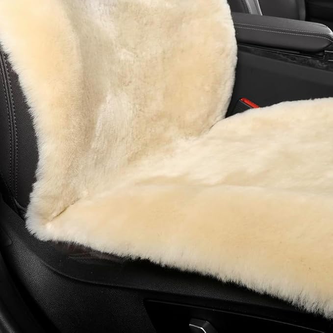 IRIWOOL Fluffy Fur Sheepskin Car Seat Cover Automotive Interior Accessories Seat Covers Accessories Seat Cushions， Soft Natural Pure Wool ，Universal Fits Most Cars SUVs (Pearl, Universal Fit)