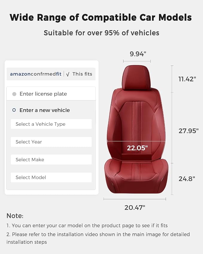 Huidasource Red Front Seat Cover, Luxury Faux Leather Front Car Seat Cover, Compatible with Airbags, Seatbelt Buckles, Perforation, Cooling＆Heating, Universal Fit for Most Cars, Vans Trucks, SUVs, Red