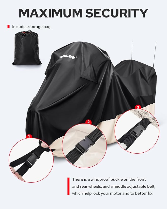 Benlari Waterproof Motorcycle Cover with Side Top Box Compatible with Harley Davidson Touring Ultra Limited Street Glide Road Glide Electra Glide Outdoor All Weather Protection, XL,116" x 47" x 53"