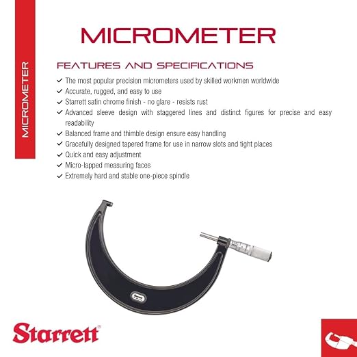 Starrett Outside Micrometer with One-Piece Spindle, Satin Chrome Finish and Advanced Sleeve Design - Quick and Easy Adjustment, 5-6" Range, .0001" Graduation - T436.1XFL-6