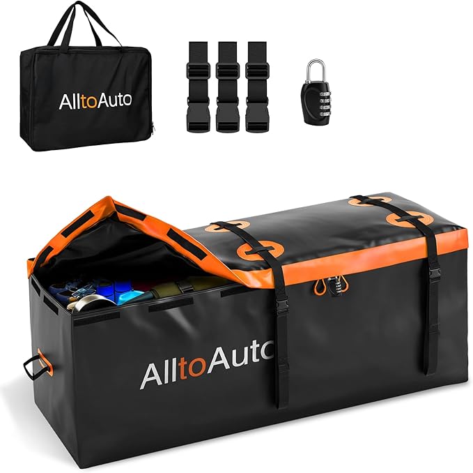 20 CuFt Waterproof Cargo Bag for Hitch Carrier | 60"x20"x29" Trailer Hitch Cargo Carrier | Weatherproof Truck Bed Storage with Straps, Lock & Carry Case | PVC Vehicle Soft-Shell Carriers