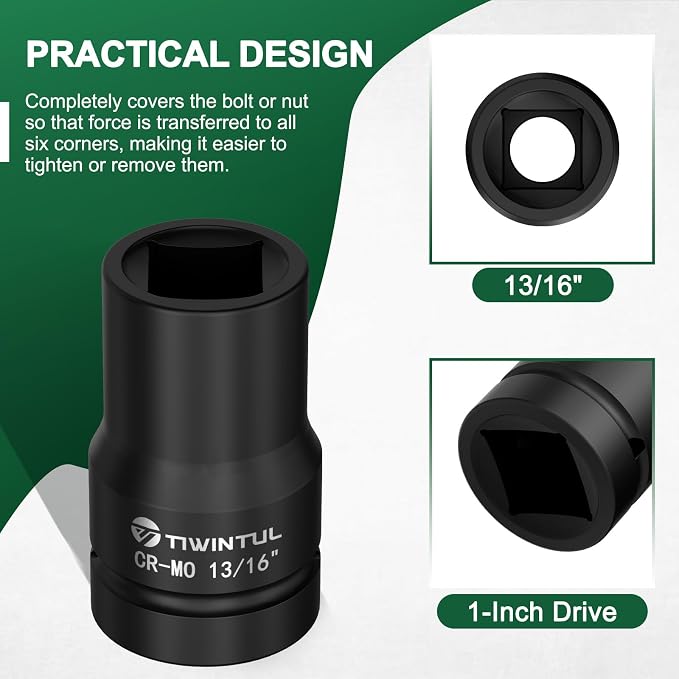 13/16" Impact Socket 1" Drive, for Truck Axle Nuts & Hub Removal | Square, 6 Point Design, CR-MO ANSI Certified, Heavy Duty Socket 1 Inch Drive for Suspension & Heavy Equipment Maintenance