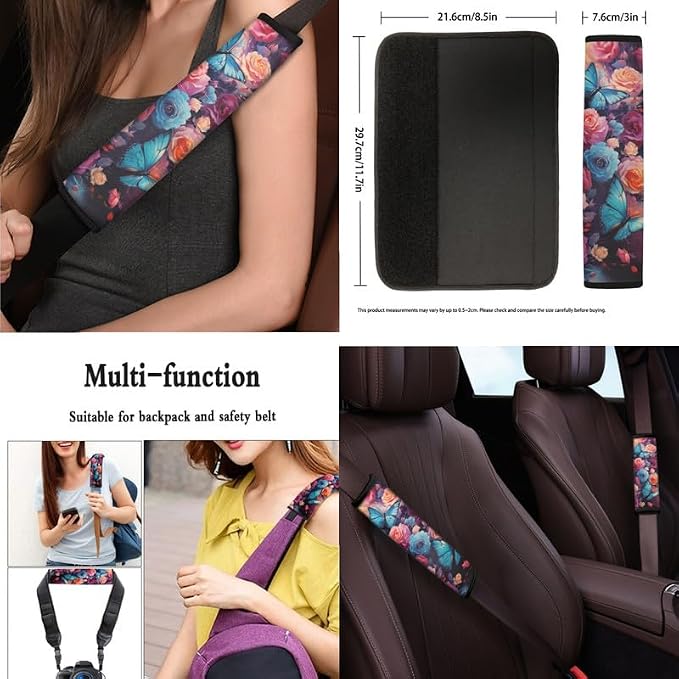 Morpho Menelaus Rose 13 Pieces Seat Covers Accessories Blue Butterfly Flower Steering Wheel Cover Seat Cover Full Set Seat Belt Shoulder Pad Car Cover for Truck SUV