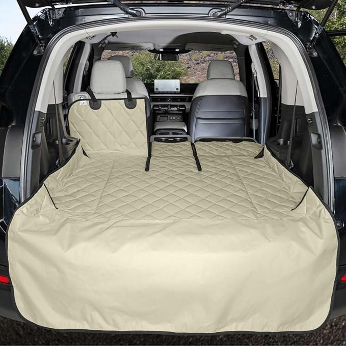 4Knines Split Cargo Liner for SUV – For Dogs & Pets, Heavy-Duty, Waterproof Trunk Mat & Cargo Cover – Fits 60/40 Split Bench & Armrest Pass-Through – Machine Washable, Non-Slip, Durable (Small, Beige)