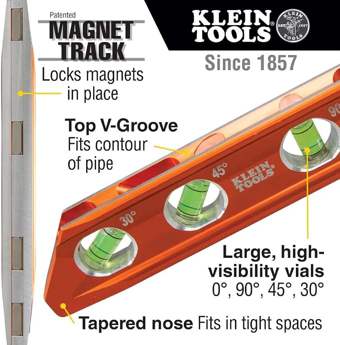 Klein Tools J213-9NE Side Cutter Linemans Pliers, 9-Inch & 935AB4V 6-Inch Magnetic Torpedo and Conduit Level, Orange
