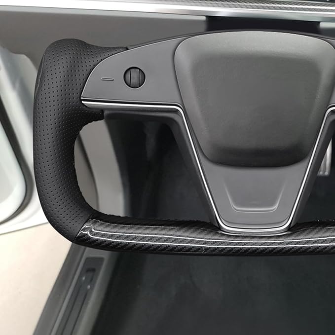 MEWANT Hand Stitch Shiny PU Carbon Fiber Black Perforated PU Leather Steering Wheel Wrap for Tesla Model S Yoke Model X