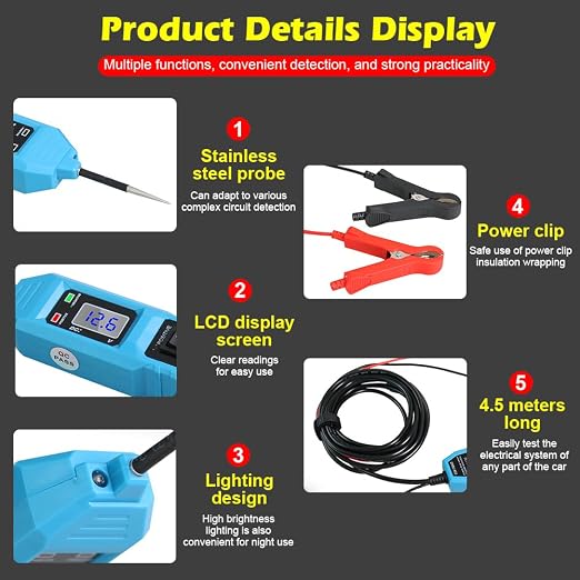 Multifunctional Car Circuit Tester, 3.5-36V DC Automotive Power Circuit Tester with LCD Display and Sharp Probe, Electric Test Pen for Car Battery Polarity Continuity Fuses (Blue)