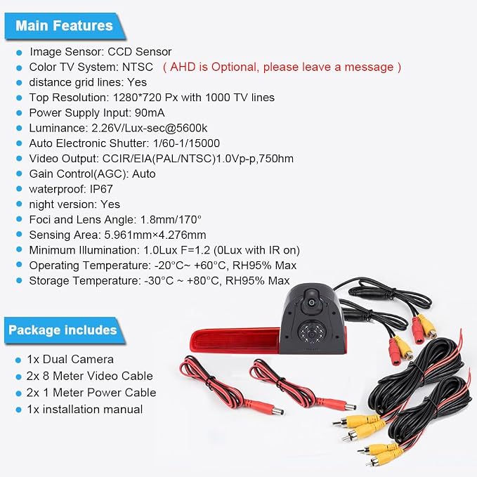 【New Super Dual Lens】 Car Rear View Camera 3rd Brake Light Reversing System, for VW T5 Multivan T6 Caravelle Tailgate high roof Brake Stop lamp Transporter Business MPV SUV Bus Double Doors