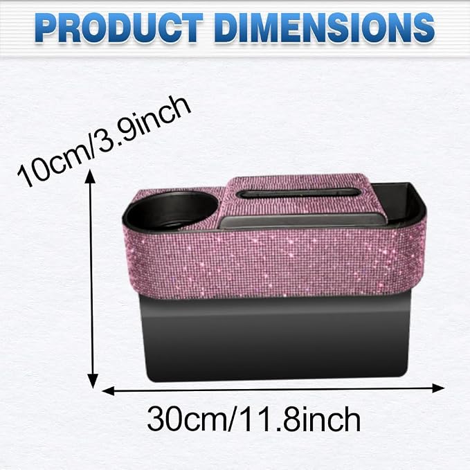 Auto Gap Filler Multifunctional Car Seat Organizer, Multi-Function Tissue Storage Box w/Cup Holder, Auto Console Side Storage Box, Pink Rhinestone - Pink