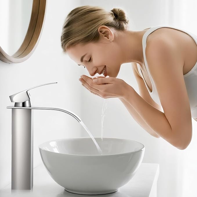Nickel Bathroom Faucets, Tall Waterfall Bathroom Sink Faucet Modern Single Handle Bathroom Faucte 1 Hole, Tall Spout Vessel Faucet Mixer Tap Washbasin Faucet with Pop-up Drain, Supply Hoses