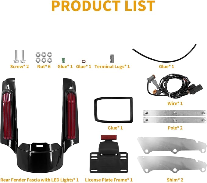 Rear Fender Fascia Extension with LED Running Brake Turn Signal Light Set Fit For Harley Touring Electrac Glide Road King Road Glide Street Glide 2014-2024 (Red Lens)