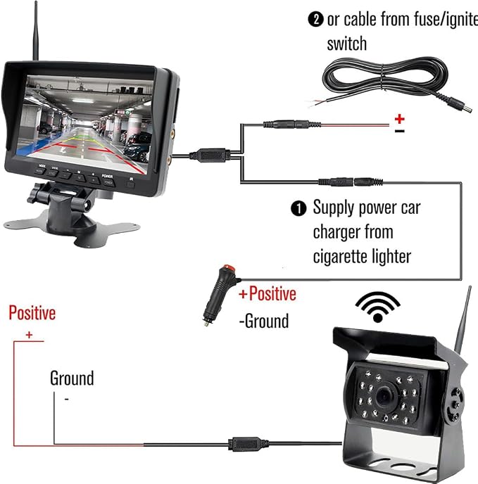 Vehicle 720P Digital Wireless Backup Camera System 1024X600 7-inch AHD IPS Monitor DVR Loop Recorder+IP69K Waterproof IR Wireless Reversing Camera Dash Camera for Truck Bus RV Trailer Car