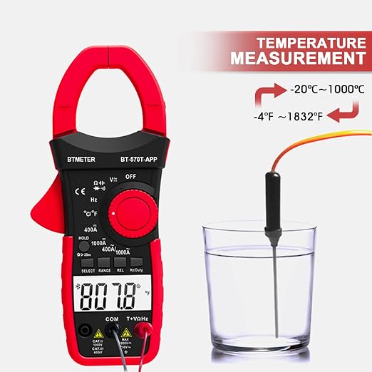 BTMETER AC/DC 1000A Clamp Multimeter, 4000 Counts Digital Clamp-on Meter with Data Logging Measure Amp Volt Ohm Capacitance Frequency Temperature Continuity, Electrical Tester 570T-APP