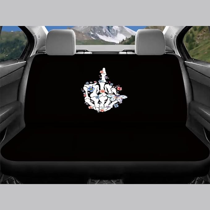 Skeleton Hand Butterfly Middle Finger Print 12 Pieces Skull Car Accessories Interior Seat Covers Full Set with Steering Wheel Covers+Seat Belt Pad+Keychain+Cup Coasters+Lipstick Holder