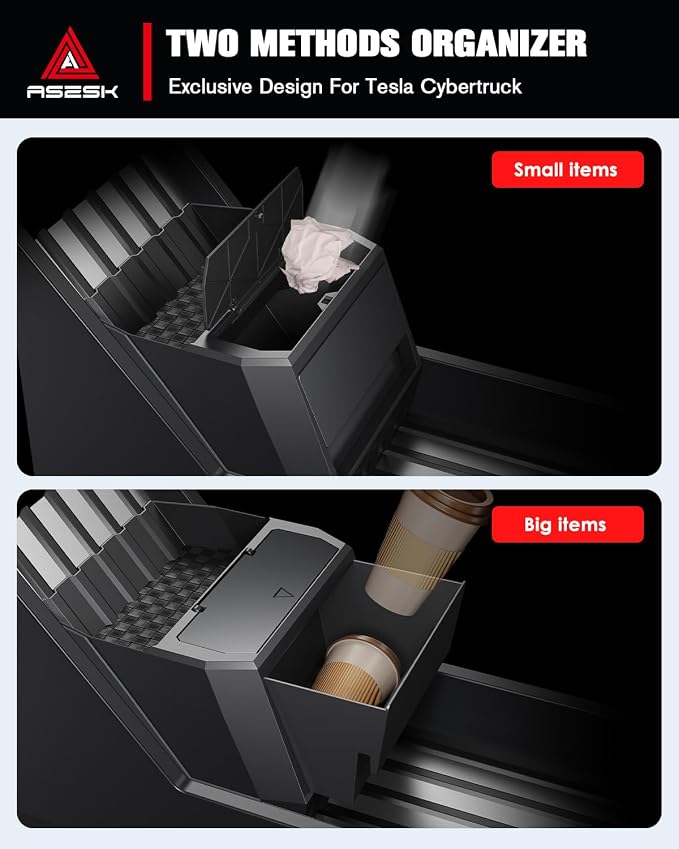 for Tesla Cybertruck 2-in-1 Floor Console Organizer - Push-to-Open Car Trash Can& Console Storage - Waterproof Drawer Organizer with Vegan Leather Mats - Easy to Install for Cybertruck