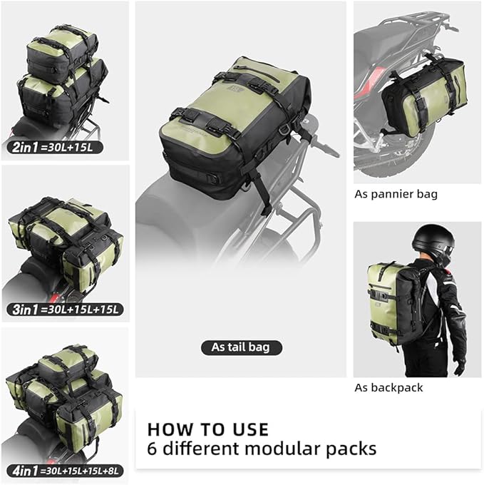 Rhinowalk Motorcycle Tail Bag Motorbike Side Bag 15L Full Waterproof Motor Saddle Pannier Bag Rear Rack Trunk Professional Motor Accessories-Green