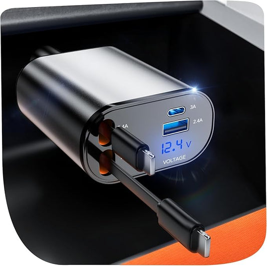 Retractable Car Charger, 4 in 1 Fast Charging 69W, Cigarette Lighter Adapter 2 Retractable iPhone Cables and USB Car Charger,Compatible with iPhone 14/13/12/11,Galaxy,Pixel
