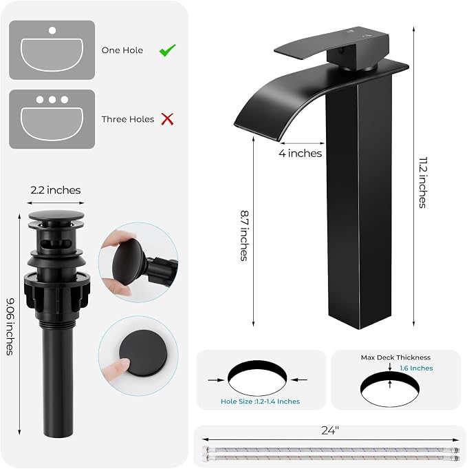Black Bathroom Faucets, Tall Waterfall Bathroom Sink Faucet Modern Single Handle Bathroom Faucte 1 Hole, Tall Spout Vessel Faucet Mixer Tap Washbasin Faucet with Pop-up Drain, Supply Hoses