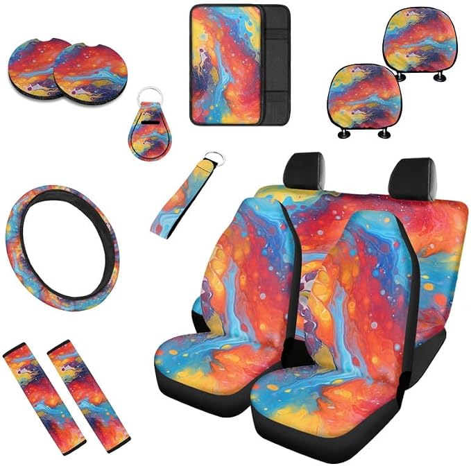 Tie-Dye Watercolor Fluid Art Car Seat Covers Seat Cover Set of Colorful Liquid Hand Drawing 13 Pack Ultra-Soft Universal Fit for Cars Keychain Coaster for SUV Sedan Van