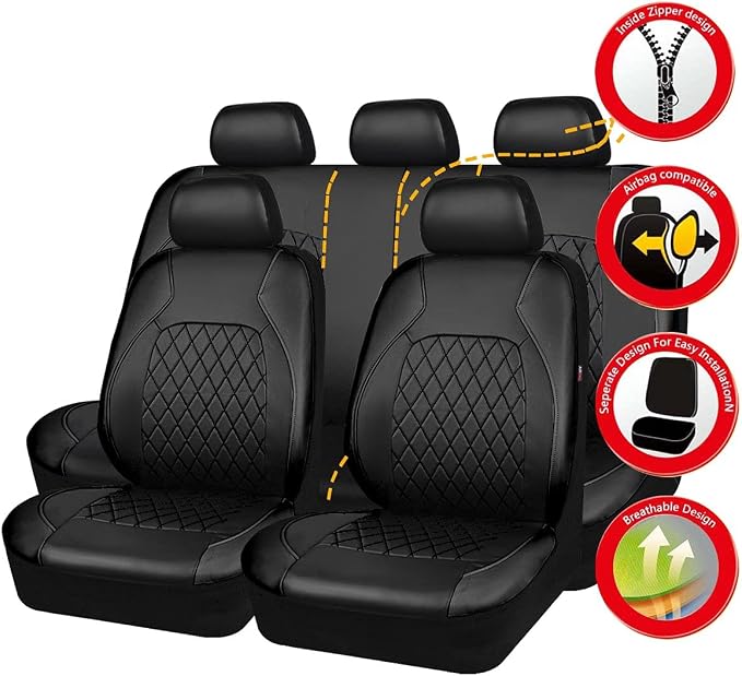 Black Deluxe Pu Luxury Vinyl Leather 3 Row 7Seats Car Seat Covers, Airbag Compatible Universal Fit for Cars, Trucks, SUV
