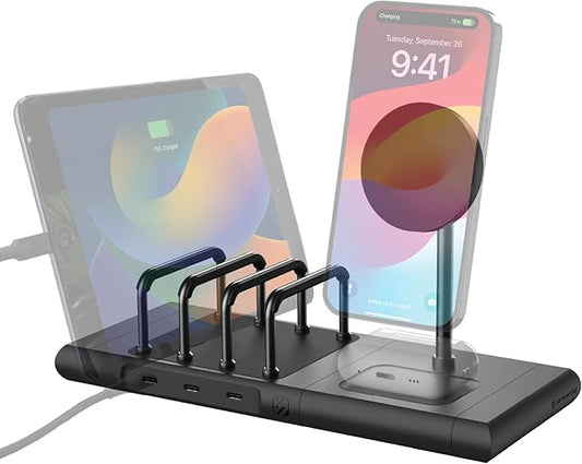 Scosche BaseLynx 2.0 Multi Charging Station with Qi2 15W Magnetic Wireless Charger Stand, 5W Charging pad for AirPods, 3-Port 60W USB-C Fast Charger Compatible with Apple iPhone, MagSafe, Samsung