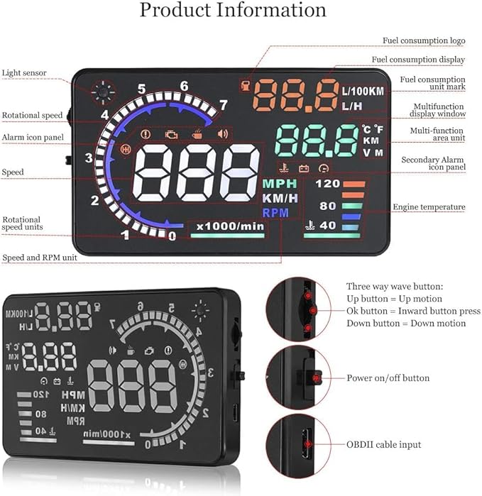 5.5 inches A8 OBD2 Windshield HUD Head Up Display with Display RPM MPH Speeding Warning Fuel Consumption Temperature