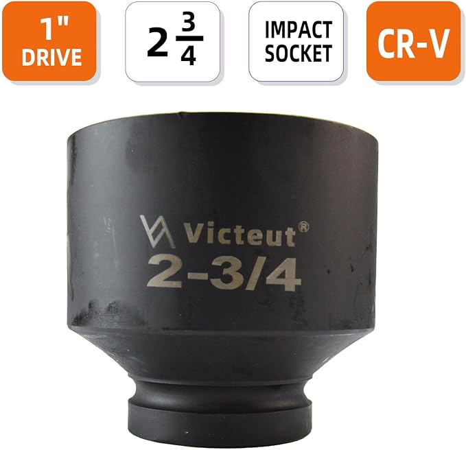 1" Drive 2-3/4" Impact Socket, 6-Point, Heat Treated Cr-V Alloy Steel, One-Piece Forged, Surface Phosphating and Blackening Treatment, Anti-rust, Radius Corner Design, No Harm to Nut Corners
