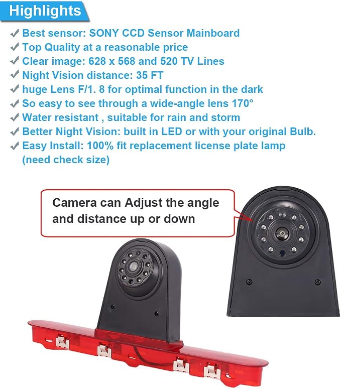 1280 * 720 Pixel Third Roof Brake Lamp Car Backup Camera Replacement for Toyota Proace Citroen Jumpy Kasten Spacetourer Peugeot Expert Kasten Traveller Bus Waterproof Night Vision Reverse +7" Monitor