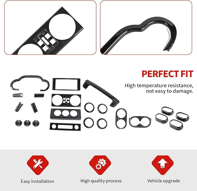 Jimen Fit for Jeep Wrangler JKU 4 Door 2007-2010, 22PCS Carbon Fiber Interior Kits - Dashboard Cover, AC Vent Ring, Window Button Switch Panel, Inner Door Handle Cover, Cup Holder Frame