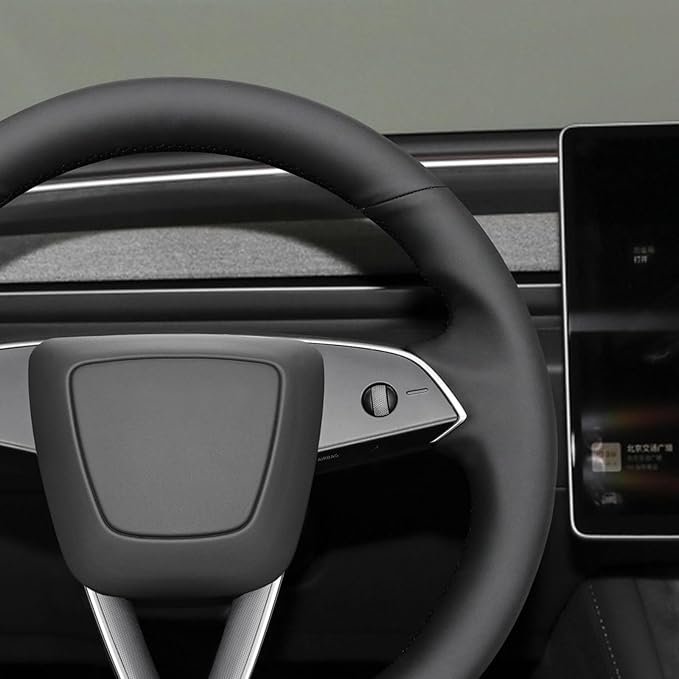 MEWANT Steering Wheel Cover for 2024 Tesla Model 3 Highland Hand Stitch Steering Wrap Made of Black Smooth Real Leather