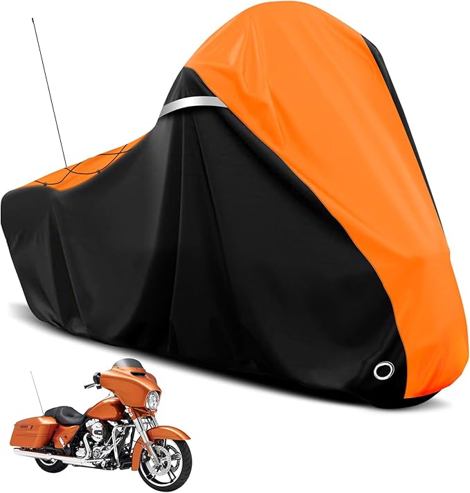 COVERVIN Motorcycle Cover for Harley Davidson Touring Road King Road Glide Electra Glide Street Glide Low Rider-ST Heritage Classic HD Goldwing, All Weather Waterproof Cruiser Cover, Black&Orange