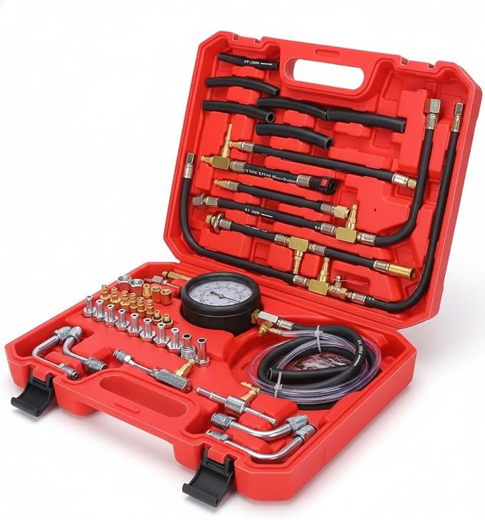 Fuel Injection Pressure Tester Kit 0-140 PSI, Universal Fuel Pump Pressure Gauge Set with Quick Release Valve, Reinforced Hoses & Multi-Size Adapters for Gasoline Engine Diagnostic (((TU-443Red))) | Fuel Injection Pressure Tester Kit 0-140 PSI