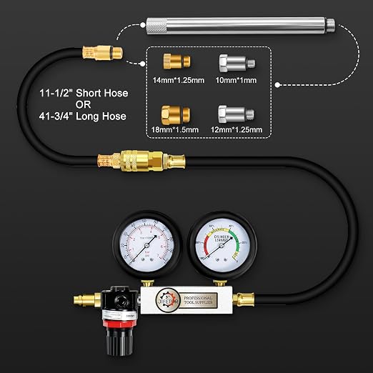 JIFETOR Cylinder Leak Down Tester Kit, Automotive Engine Compression Dual Gauge Leakdown Test Set with 10 12 14 18mm Spark Plugs Universal for Small Engine Motorcycle ATV, Black Case