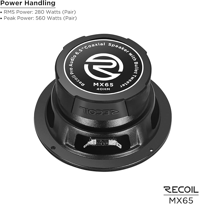 RECOIL MX65 6.5-Inch 2-Way Pro Audio Midrange Coaxial Speakers with Built-in Bullet Tweeters 560 Watts Max Pair 4-Ohm Water Resistant, Grills Included