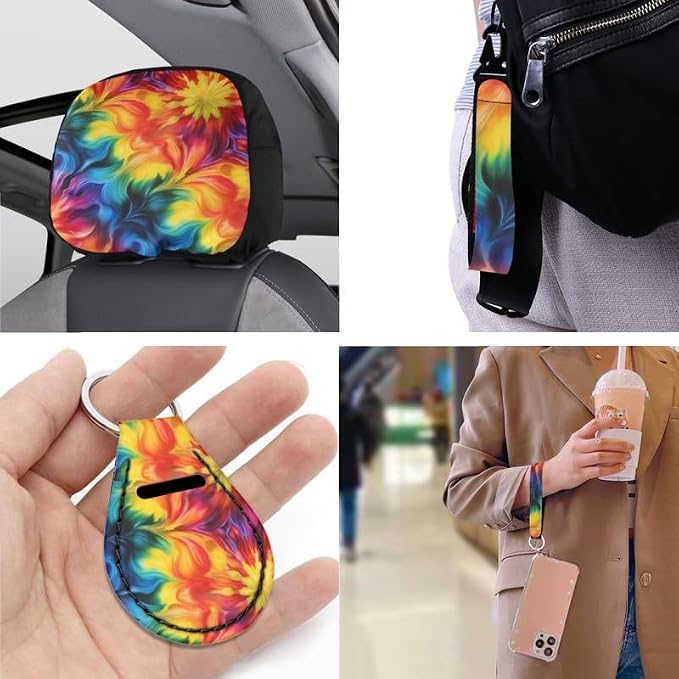 Rainbow Tie-Dye Print 13 Pcs Universal Car Seat Covers Set, Colorful Abstract Art Painting Steering Wheel Cover Cup Coasters Trucks Sedan SUV Cover Armrest Cushion Pad