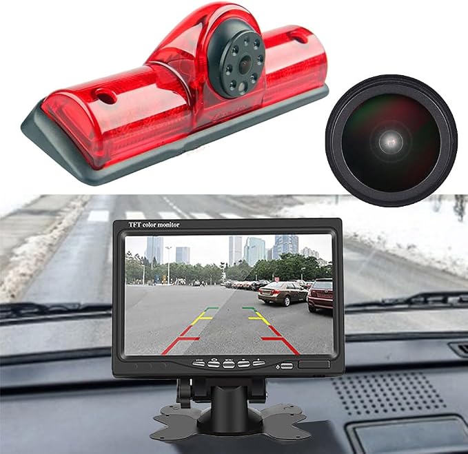 18mm HD Night Vision Waterproof Car Third Roof Top Mount Brake Light 3 Rear View Camera Parking Safety Assistant, for NV1500/2500/3500 S SV SL Cargo Vans Transporter 2011-2021(with 7-inch Monitor)