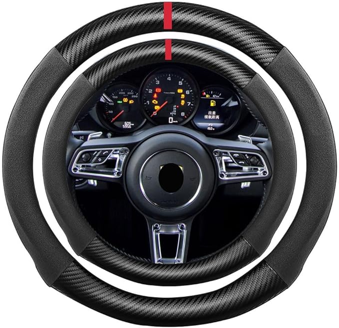 Suede Carbon Fiber Steering Wheel Cover, Compatible with Porsche 718 Boxster Cayman 911 Panamera Macan Cayenne 15 inch Soft Suede Touch Leather Sport Non-Slip Interior Accessories