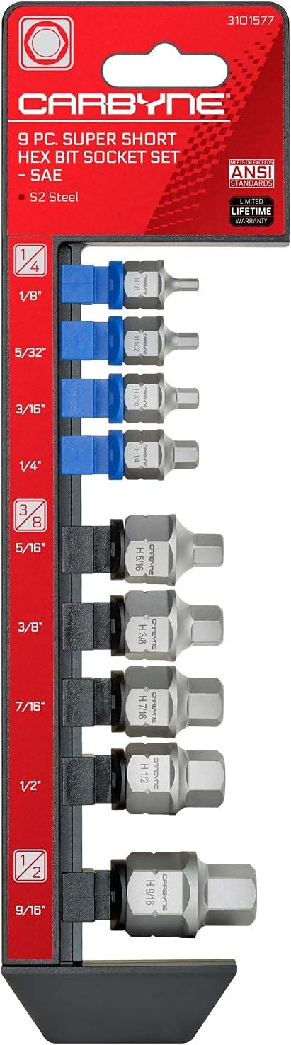 CARBYNE 9-Piece SAE Stubby Low Profile Hex (Allen) Bit Socket Set, 1/8 to 9/16 in., S2 Steel, Super Short Allen Sockets, Dual Drive Internal Square and External Hex for Tight Confined Spaces