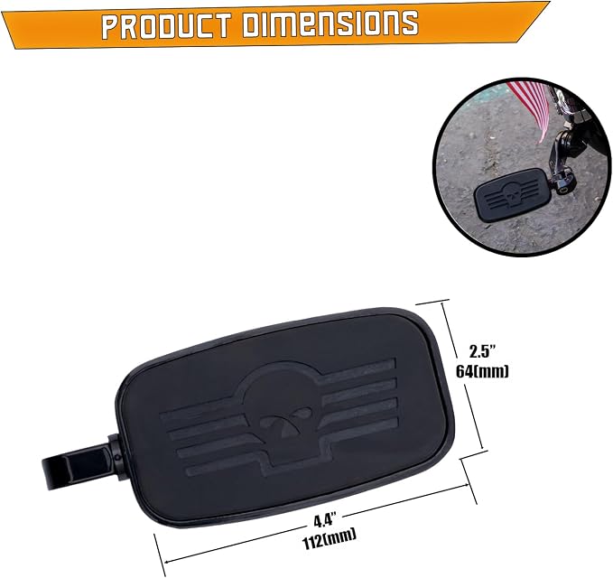 Kinglemc Front Rider Rear Passenger Position Floorboards Footboard Footpeg for Harley Dyna Touring Softail Sportster 883 1200 (Black, Skull 7.2 * 2.5")