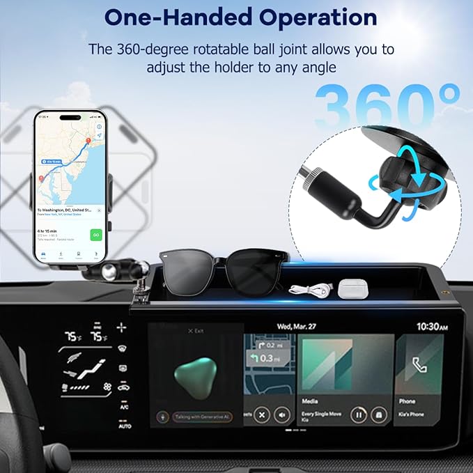 Car Phone Holder Compatible with Kia K4 2025 2026 Accessories 12.3-Inch Screen Fixed Clip, Cell Phone Mount with Dash Organizer Storage Box Hands-Free 360° Rotation