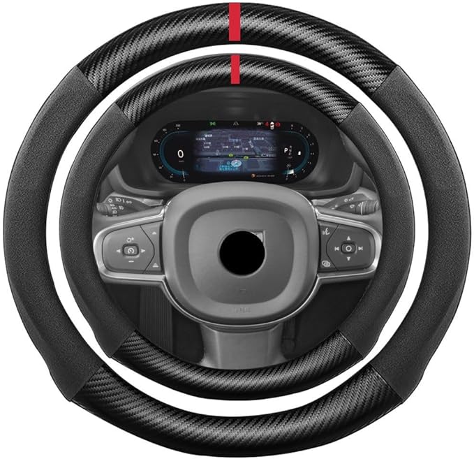 Suede Carbon Fiber Steering Wheel Cover, Compatible with Volvo XC40 S60 S90 V60 V90 XC40 XC60 XC90 15 inch Soft SuedeTouch Leather Sport Non-Slip Automotive Interior Accessories