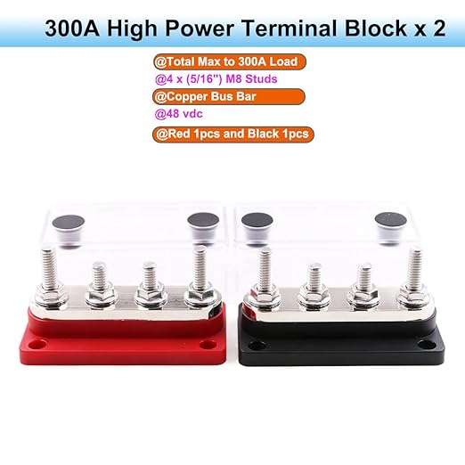 Bus Bars Copper 12V-48V 300A with 4 x 5/16”(M8) Posts Power Distribution Block, DC Battery Busbar Terminals Blocks 300 Amp for Car RV Solar PV Trailer Boat Marine Trucks, Red& Black 2 Pack