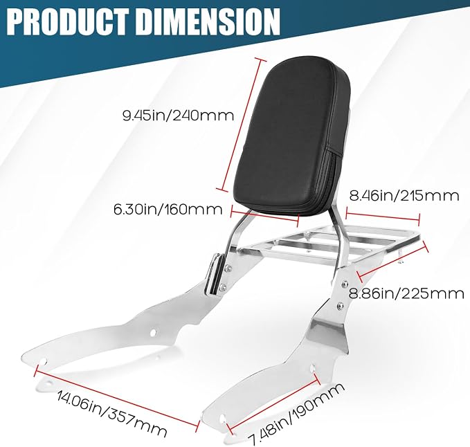 Passenger Backrest Sissy Bar with Luggage Rack Compatible with for 1996-2017 Yamaha Vstar 650 400 Custom 1997-2017 Dragstar 650 400 Custom Rear Sissy Bar Backrest