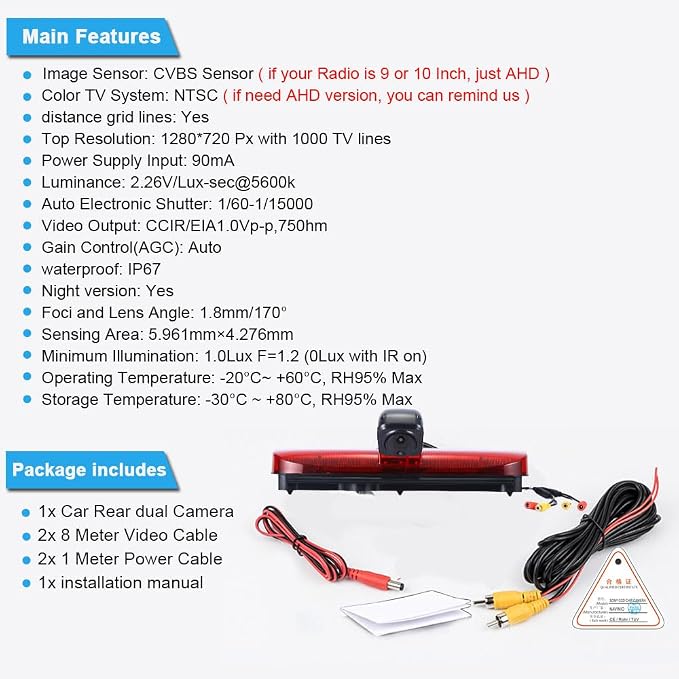 HD Waterproof Car Reverse 3rd Brake Light with Dual Double Rear View Parking Camera, Replacement for Ford Transit Connect 2 II/XL Cargo Titanium Passenger Van/Transit Connect Tourneo PJ2 Van V408