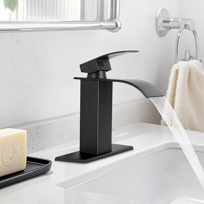 Matte Black Bathroom Faucets, Waterfall Bathroom Sink Faucet Modern Single Handle Bathroom Faucte 1 or 3 Hole, RV Mixer Tap Vanity Faucet - Includes Supply Hoses Deck Plate