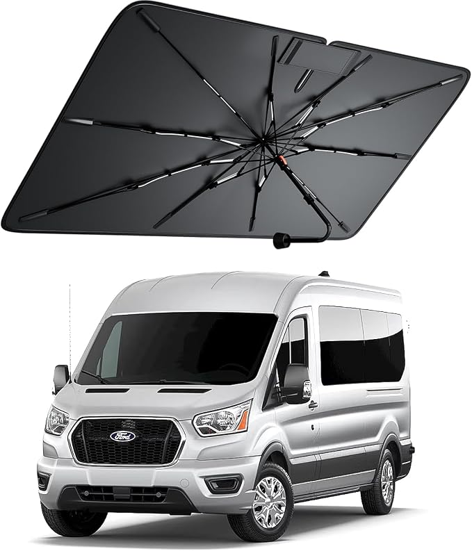 Windshield Sun Shade for Ford T150/250/350 2015–2026, Foldable Umbrella Sunshade with 100% UV Block, Multi-Layer Heat Insulation, Reinforced 10-Rib Frame, Keeps Car Cooler