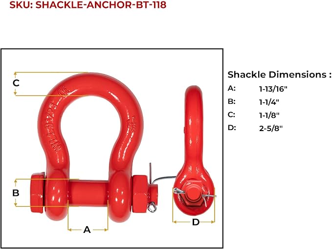 Mytee Products 1-1/8" Anchor Shackle Forged Carbon Steel w/Safety Screw Pin Load Limit 19,000 lbs, Double Rust Protection Heavy Duty D Ring Bolt Type Shackle for Towing, Rigging & Vehicle Recovery