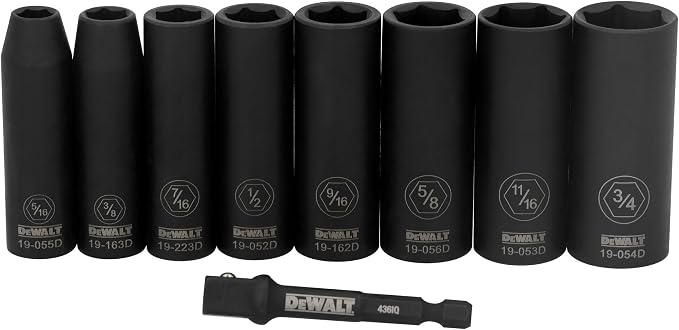 DEWALT Impact Socket Set, 3/8 Drive 9 Pcs Standard SAE Deep Socket Set, 6 point, 5/16 Inch to 3/4 Inch, Includes 1/4 inch Adapter (DWAFSFSET9)