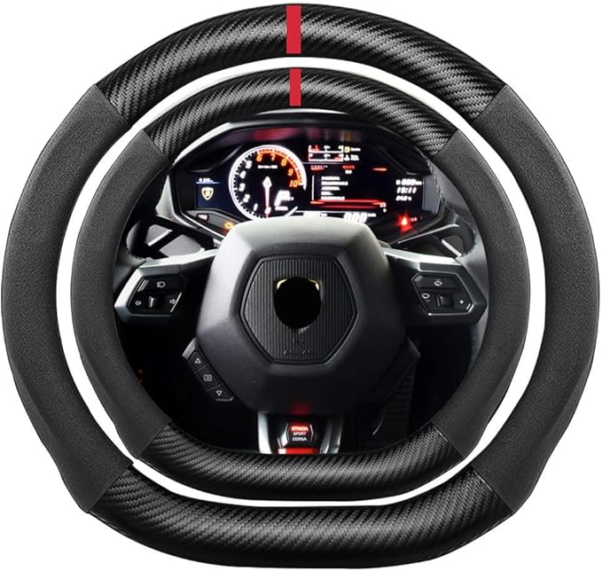 D Shape Suede Carbon Fiber Steering Wheel Cover, Compatible with Lamborghini Urus Huracán Aventador Gallardo 15 inch Flat Bottom SuedeLeather Sport Non-Slip Interior Accessories